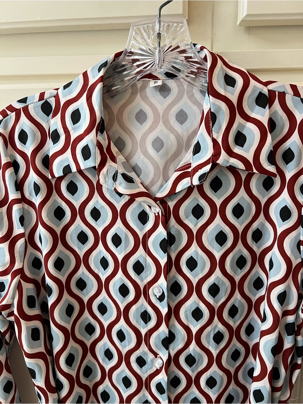SHEIN Burgundy, Light Blue & Black Geometric Button-Up Dress with belt